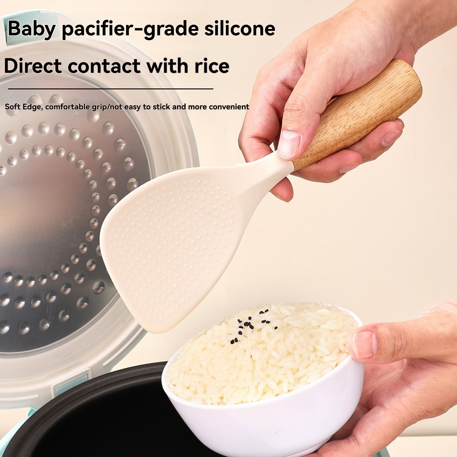 Vertical Silicone Rice Spoon Non-Stick Heat Resistant Wooden Handle